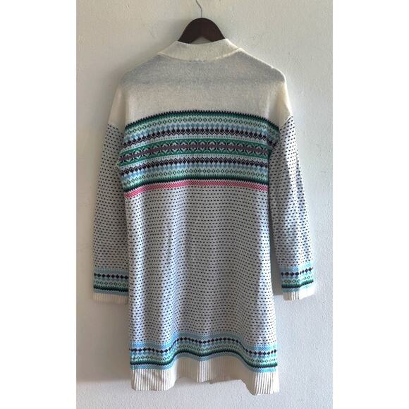 Talbots Breton Fair Isle Open Front Longline Cardigan Size M White Sweater - Picture 3 of 6